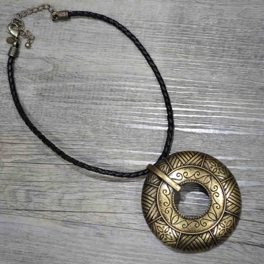 Chico's Large. Bronze Colored Medallion Black Leather Rope Necklace